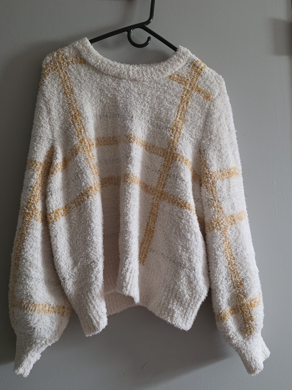 LC Lauren Conrad Cream Plush Crewneck Sweater with Yellow Windowpane